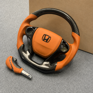 9th-Generation Honda Accord Gloss Carbon Fiber & Orange Perforated Leather Custom Steering Wheel with Matching Shift Knob - Image 5